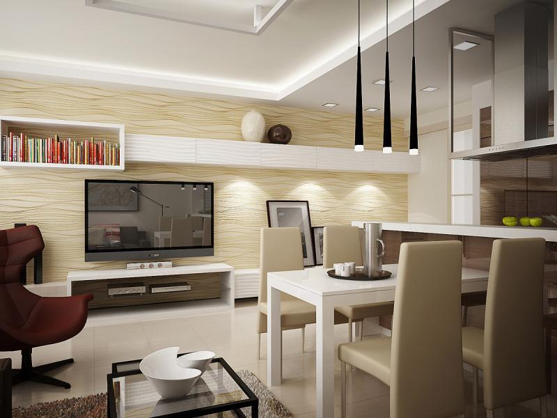 минимализм, гостиная, кухня, современный интерьер