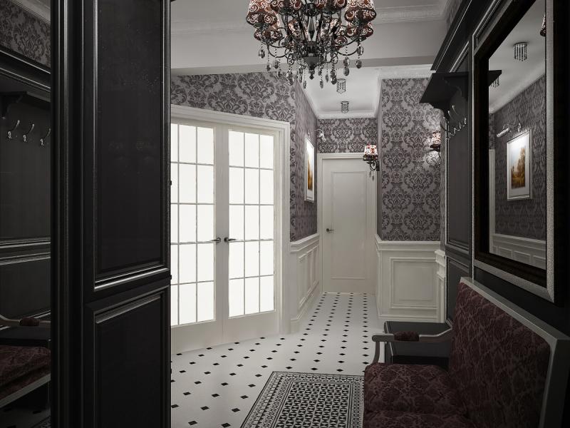 прихожая, классический интерьер, черно-белый интерьер