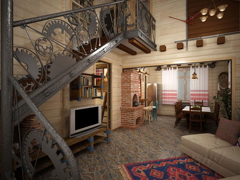 деревянный интерьер, гостиная, лестница