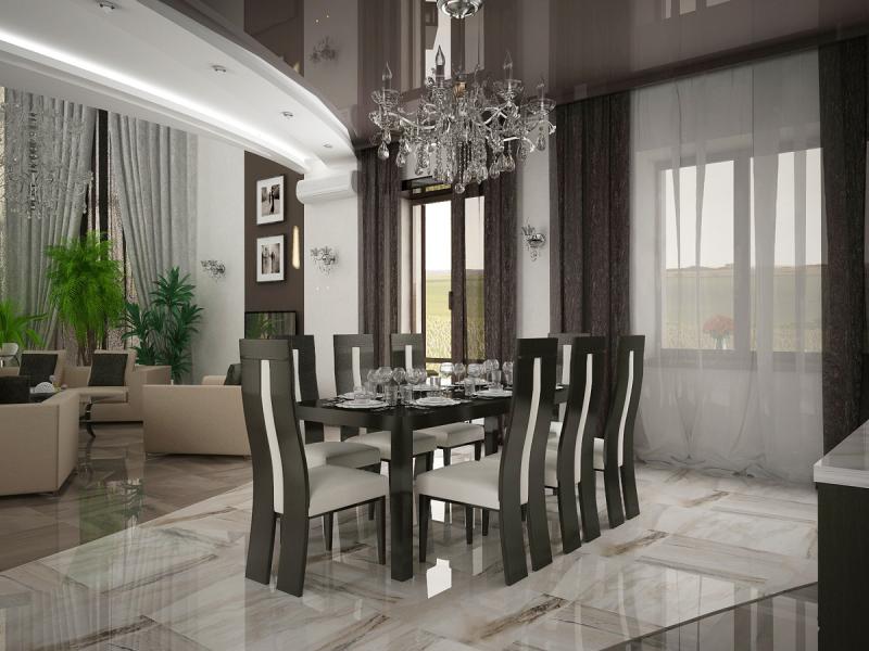 столовая, современный интерьер, черно-белый интерьер