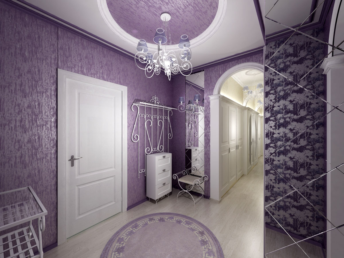 Фиолетовые обои в коридоре