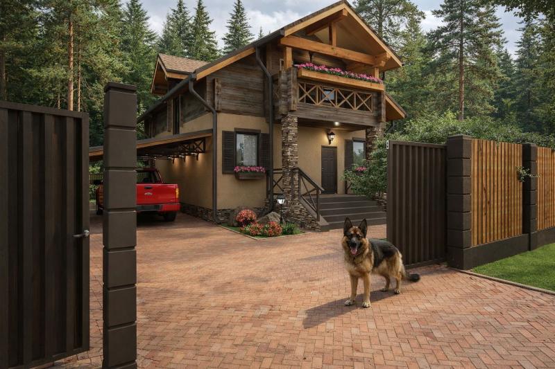 коттедж, ландшафт, фасад, благоустройство, дизайн прилегающей территории