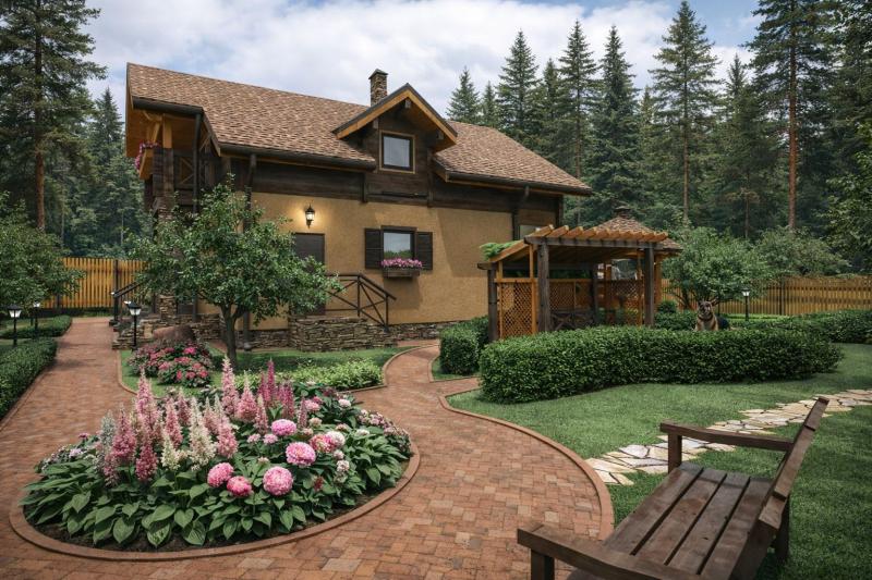 коттедж, ландшафт, фасад, благоустройство, дизайн прилегающей территории