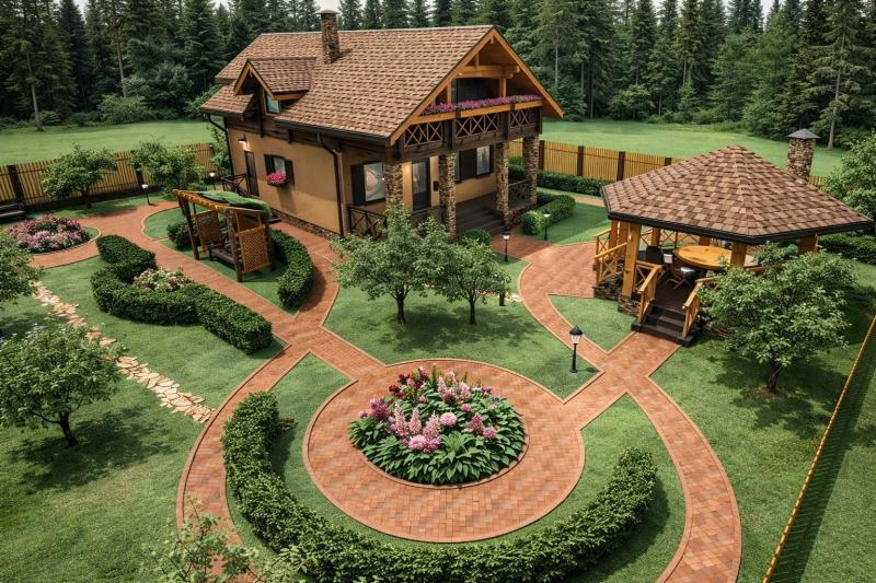 коттедж, ландшафт, фасад, благоустройство, дизайн прилегающей территории