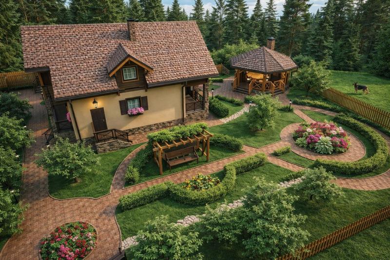 коттедж, ландшафт, фасад, благоустройство, дизайн прилегающей территории