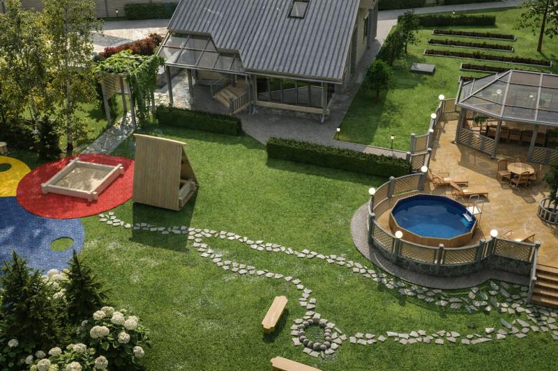 коттедж, ландшафт, фасад, благоустройство, дизайн прилегающей территории